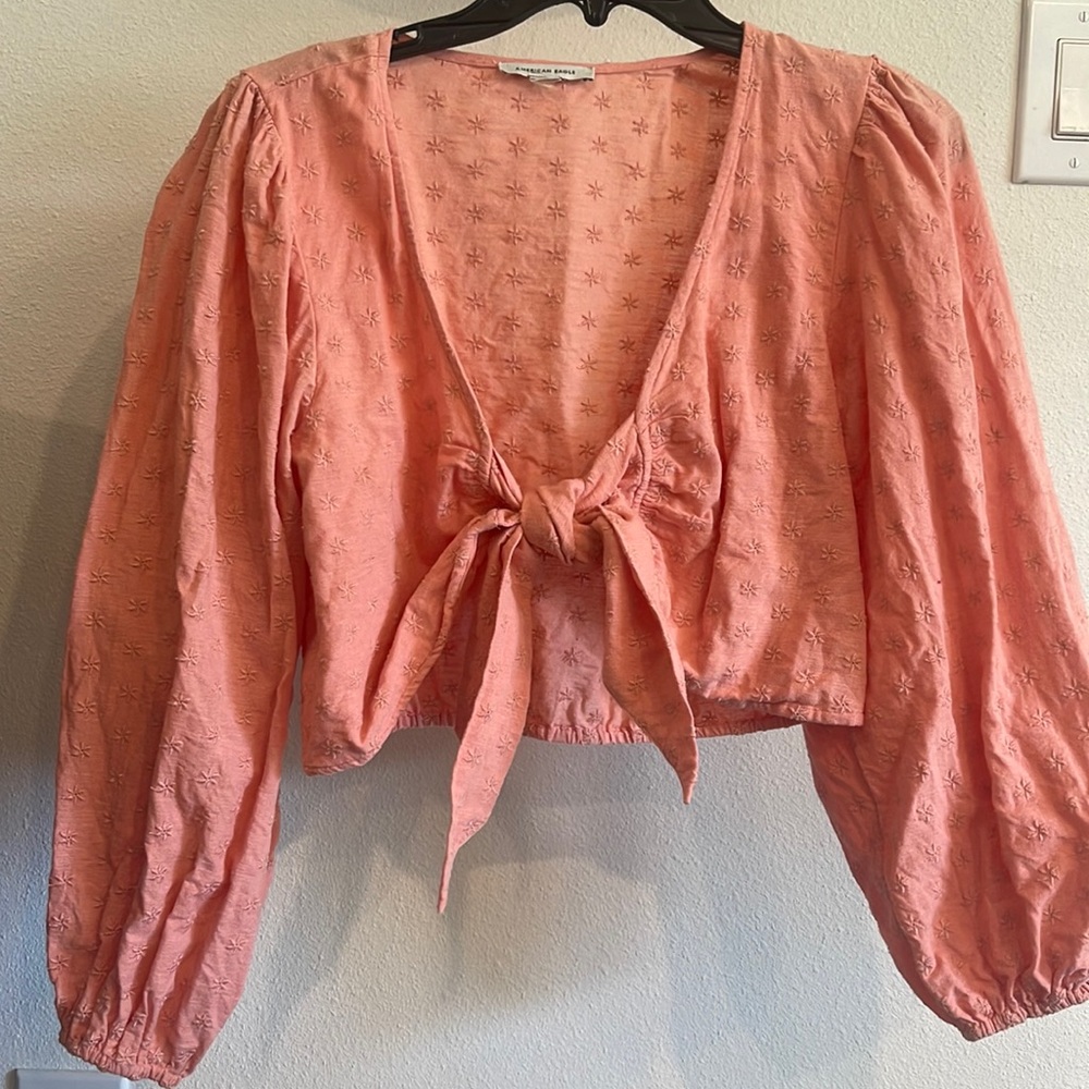 AMERICAN EAGLE- coral long sleeve tie top size S